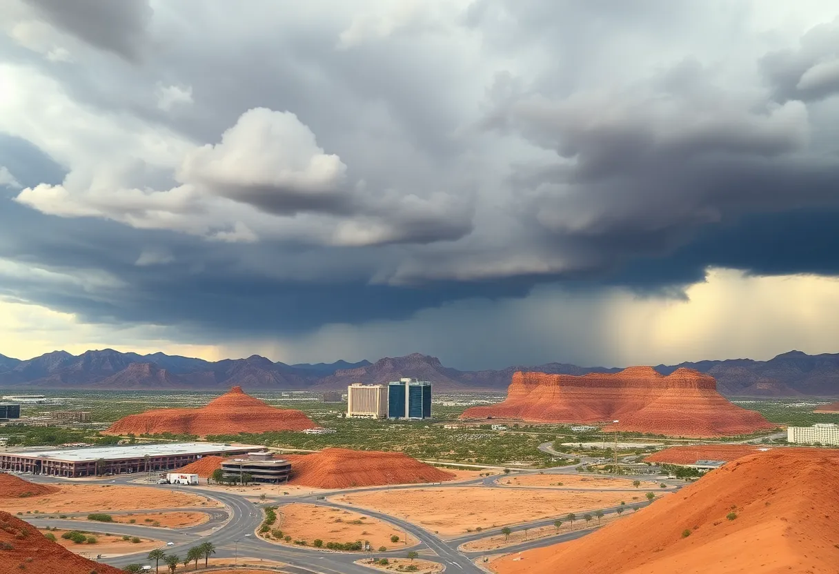 Las Vegas skyline with dark clouds indicating monsoon weather