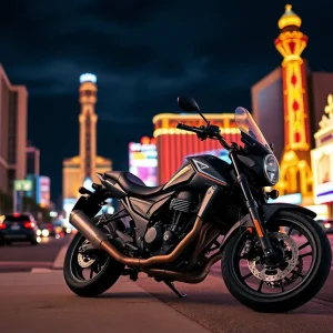 Motorcycle on a Las Vegas street with neon lights