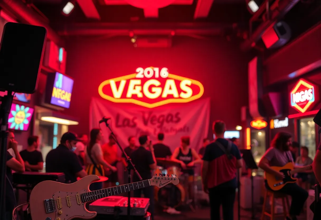 The vibrant music scene in Las Vegas featuring neon lights and musical instruments.