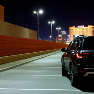 Empty SUV parked in a Las Vegas parking lot at night