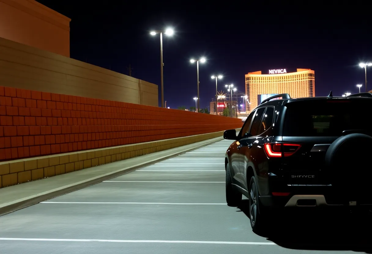 Empty SUV parked in a Las Vegas parking lot at night