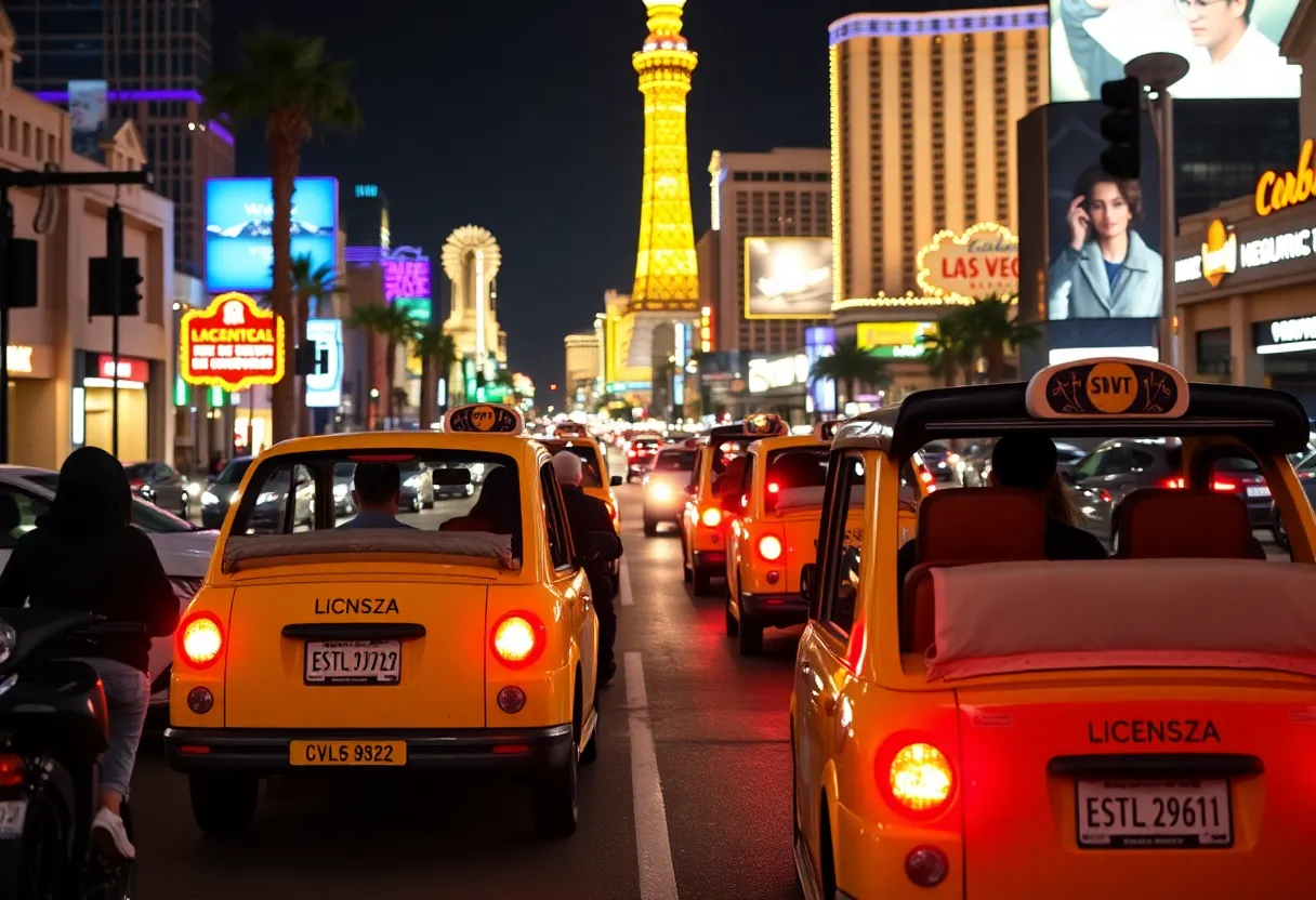 Contrast of licensed and unlicensed pedicabs on a busy Las Vegas street.