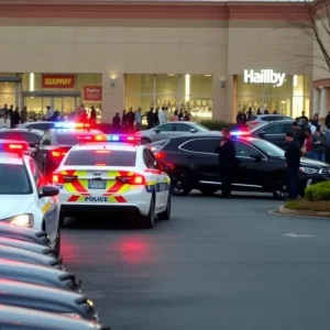 Police officers responding to an emergency in a shopping center parking lot