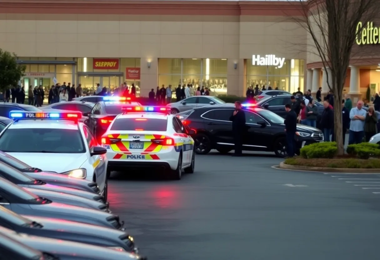 Police officers responding to an emergency in a shopping center parking lot