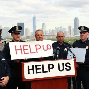 Las Vegas police officers at press conference seeking public help