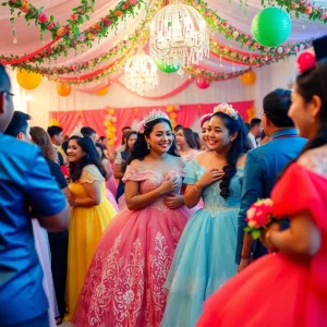 A lively quinceañera celebration taking place in Las Vegas with decorations and attendees enjoying the event.