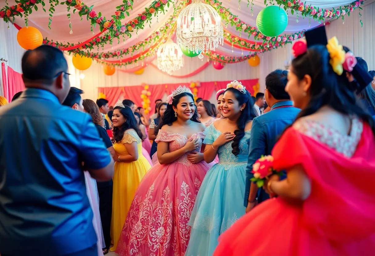 A lively quinceañera celebration taking place in Las Vegas with decorations and attendees enjoying the event.