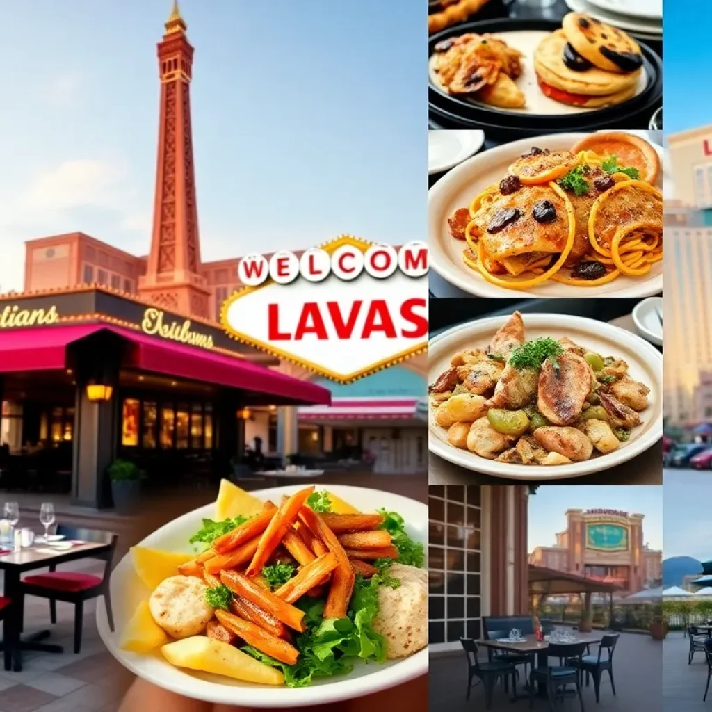 A collage of diverse dining experiences in Las Vegas restaurants.