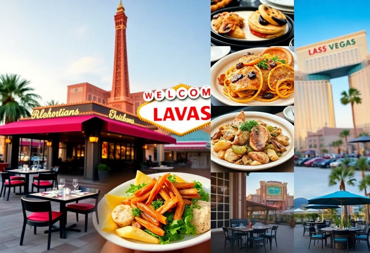 A collage of diverse dining experiences in Las Vegas restaurants.