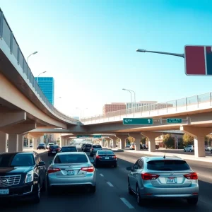 View of Las Vegas pedestrian overpass with vehicles below