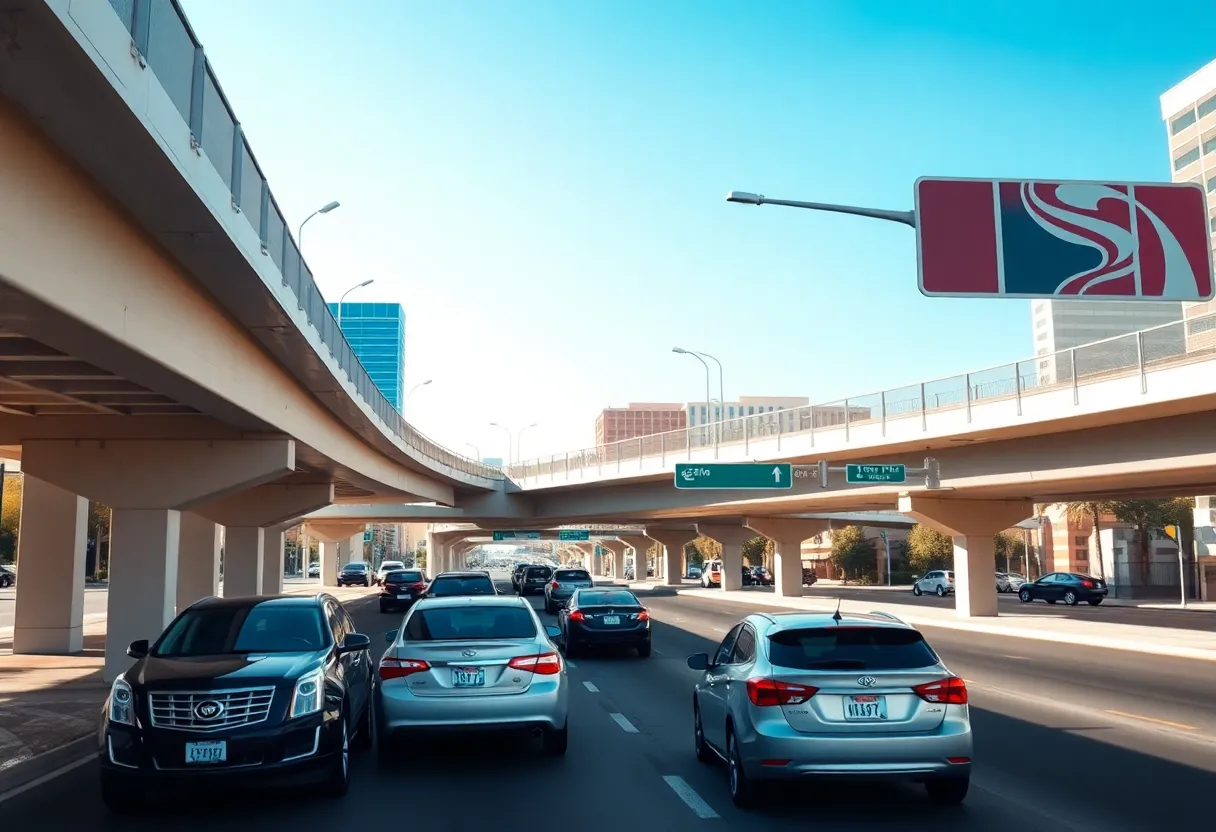 View of Las Vegas pedestrian overpass with vehicles below