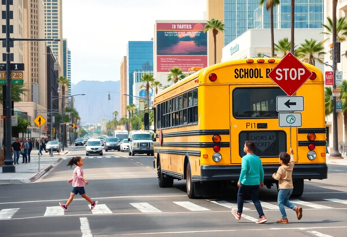 School zone in Las Vegas with children crossing the street