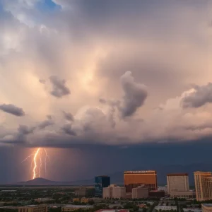 Severe thunderstorm clouds over the Las Vegas skyline