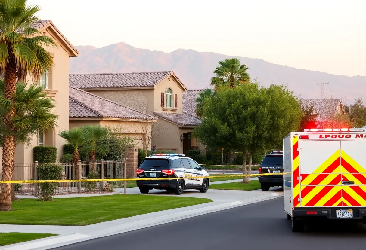 Police vehicles in front of a house in a Las Vegas neighborhood after a shooting incident.