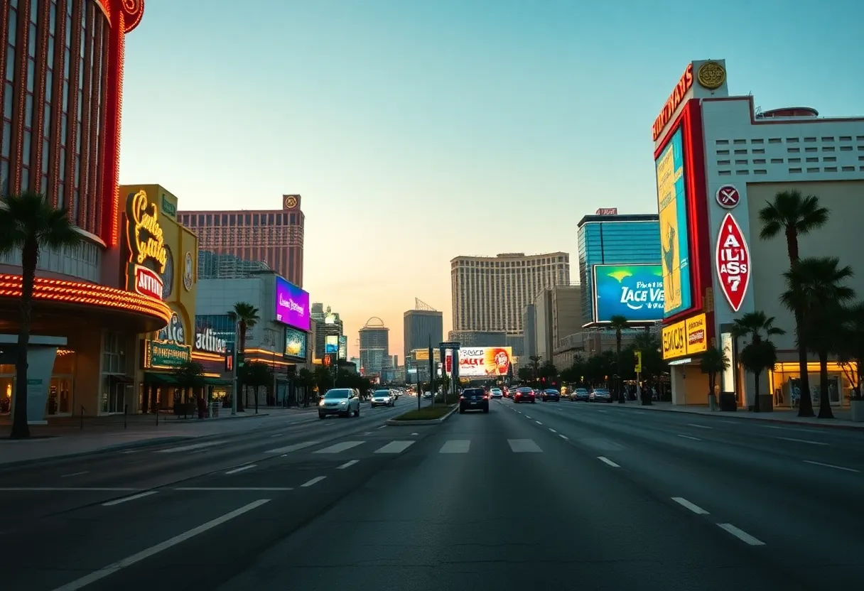 Empty Las Vegas Strip with iconic casinos and hotels at dusk