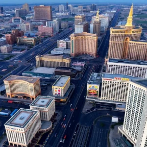 Aerial view of the Las Vegas Strip with low visitor numbers.
