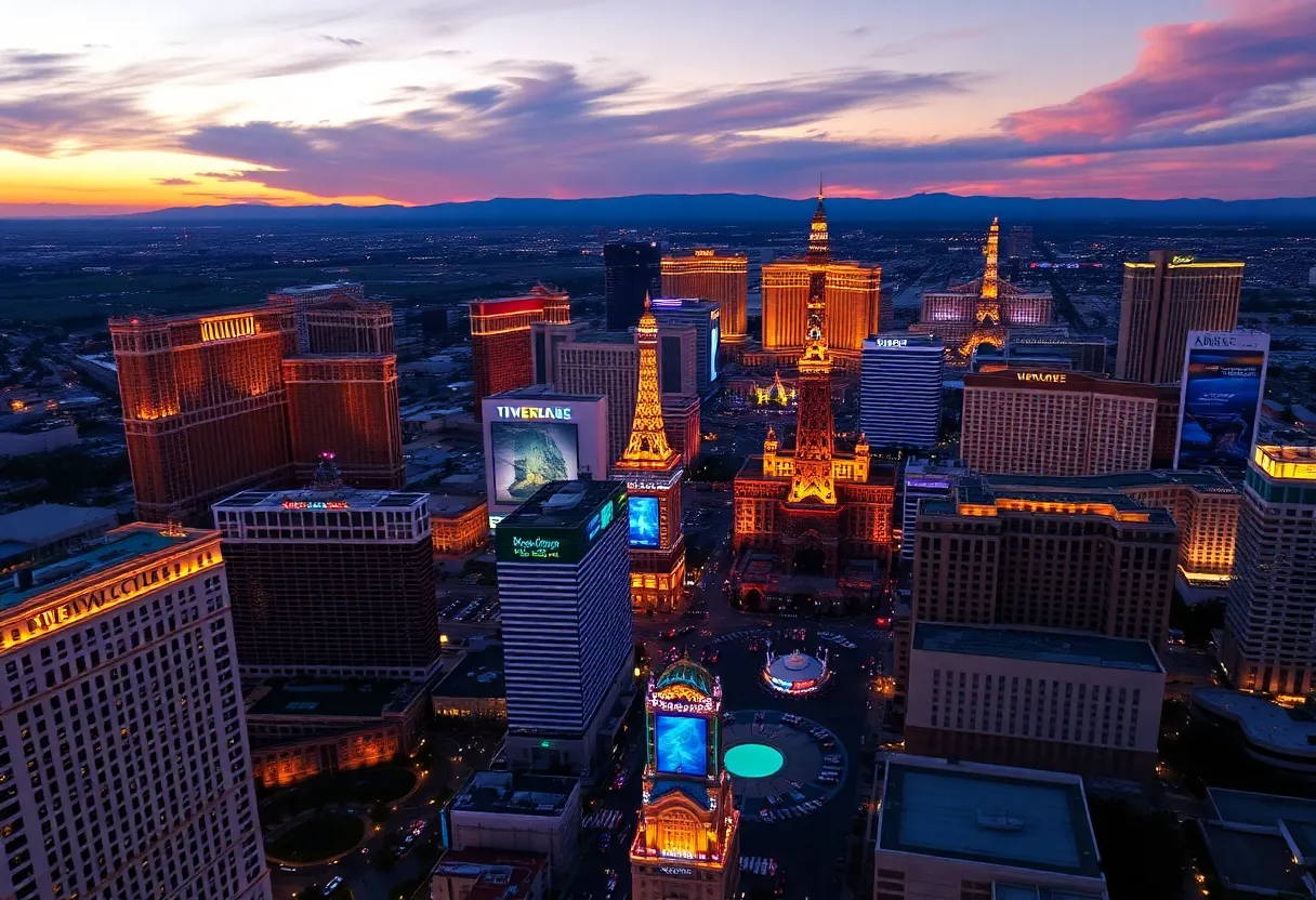 Aerial view of the Las Vegas Strip during sunset with bright lights and hotels.