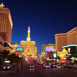 A panoramic view of the Las Vegas Strip showing empty areas and the iconic casinos.