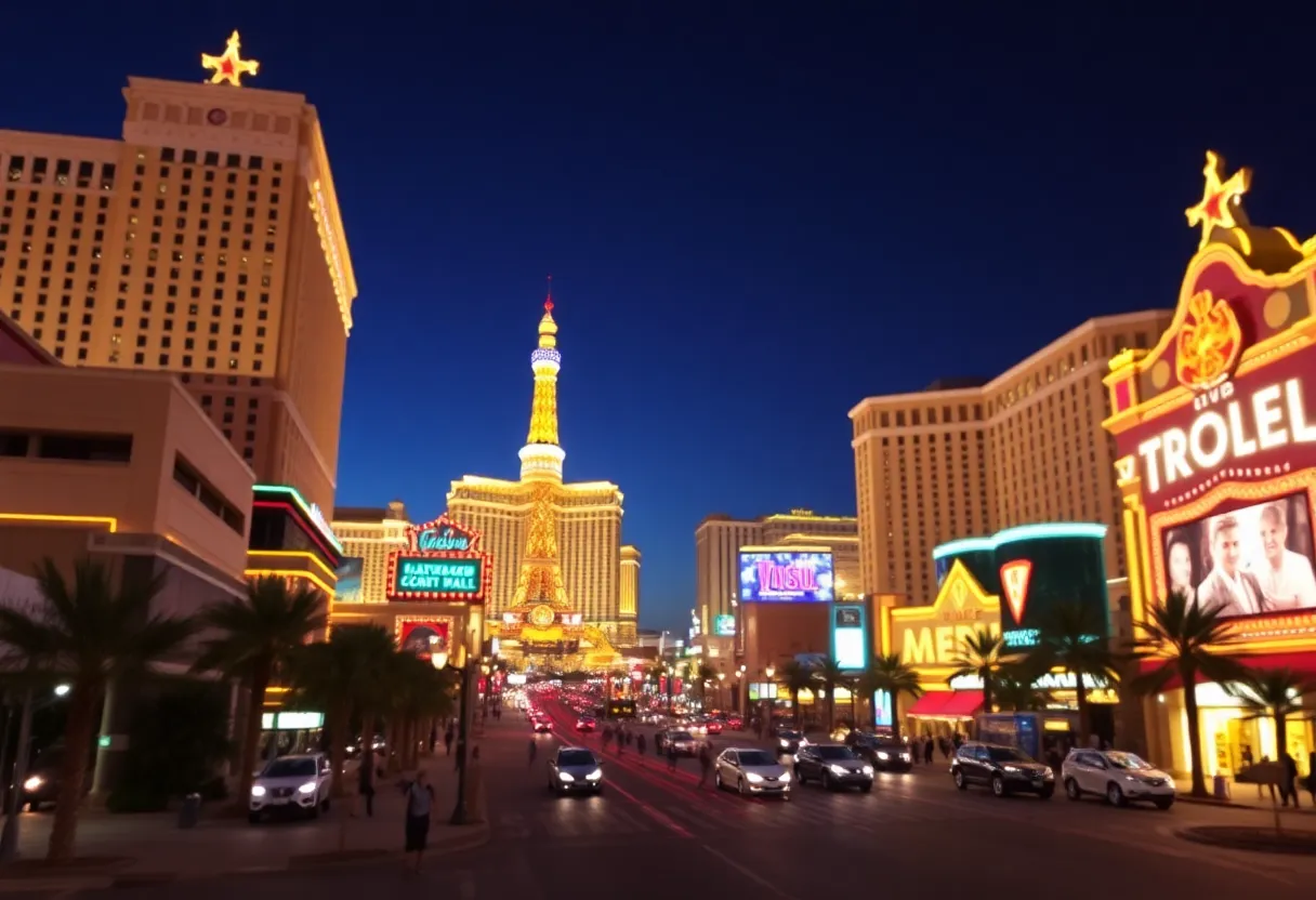 A panoramic view of the Las Vegas Strip showing empty areas and the iconic casinos.