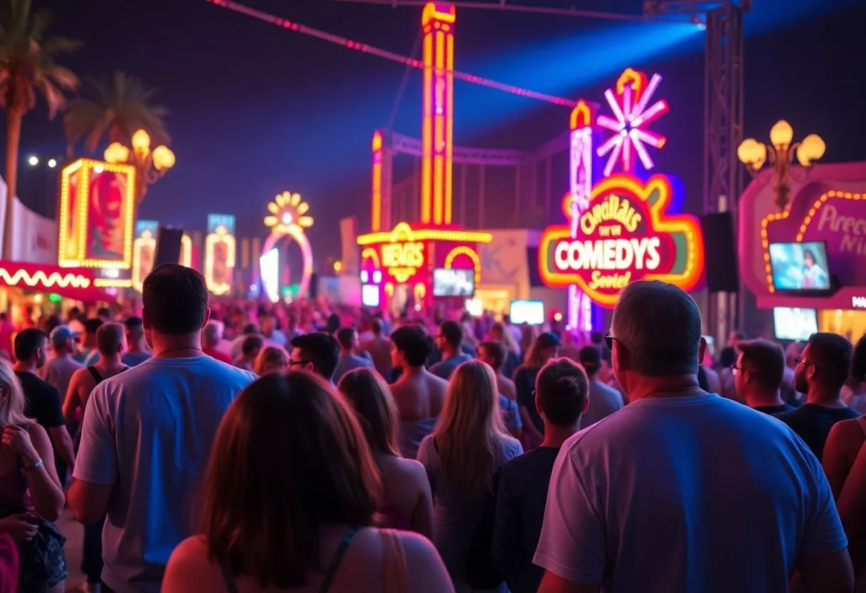 People enjoying summer celebrations in Las Vegas with comedy and music performances.