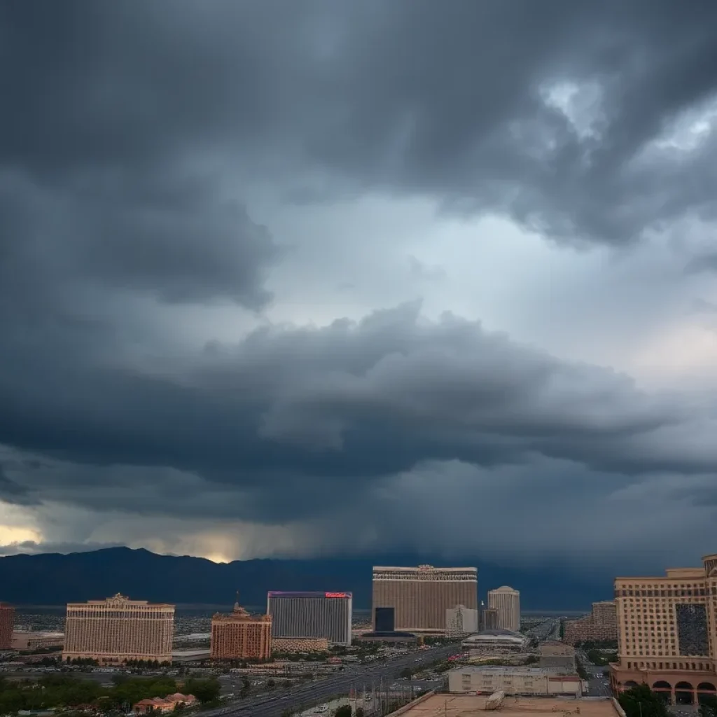 Dark clouds over Las Vegas skyline indicating stormy weather