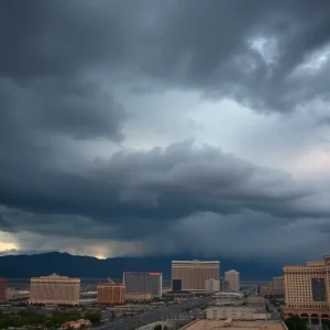 Dark clouds over Las Vegas skyline indicating stormy weather