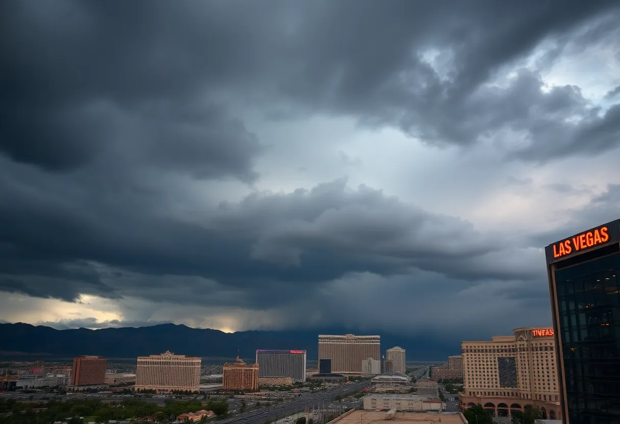 Dark clouds over Las Vegas skyline indicating stormy weather