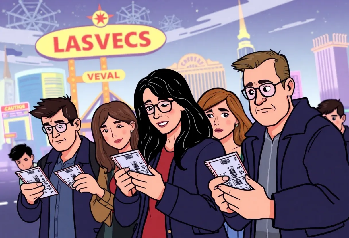 A group of people examining event tickets in Las Vegas
