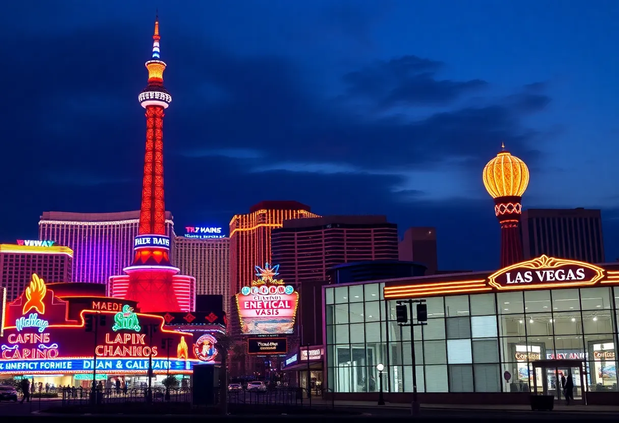 Las Vegas skyline with closed shops representing tourism decline