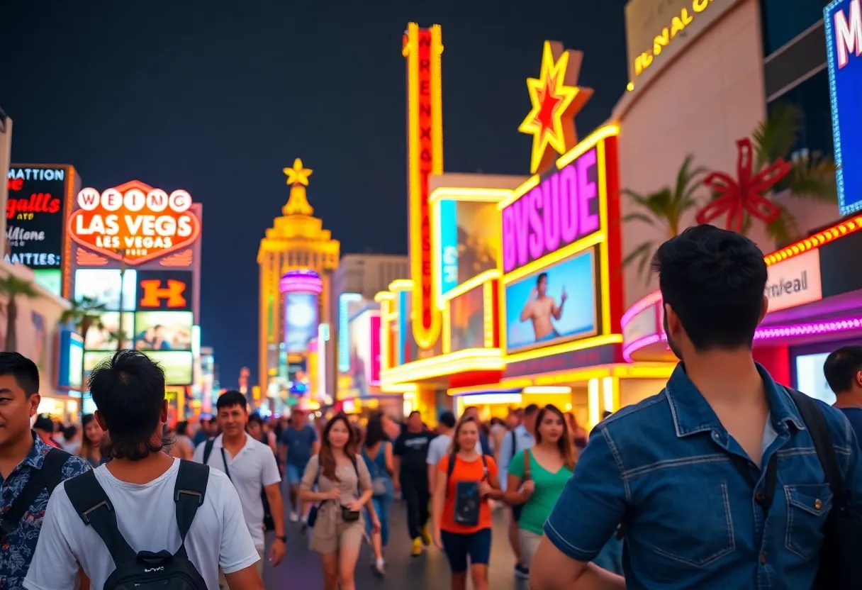 A busy Las Vegas Strip filled with diverse tourists and neon lights