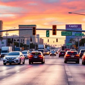 Traffic congestion at a Las Vegas intersection with various vehicles.