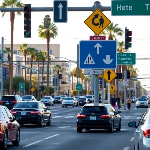 Las Vegas intersection with traffic signs and vehicles
