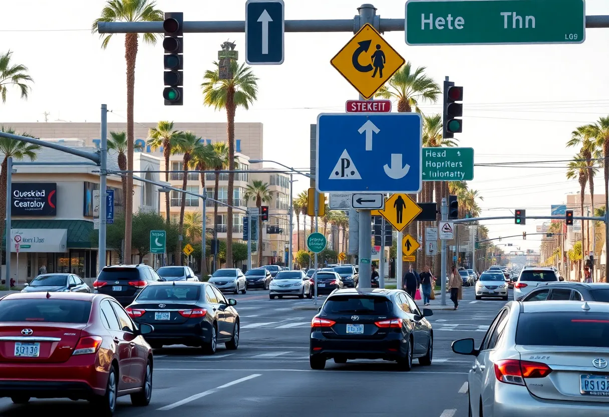 Las Vegas intersection with traffic signs and vehicles