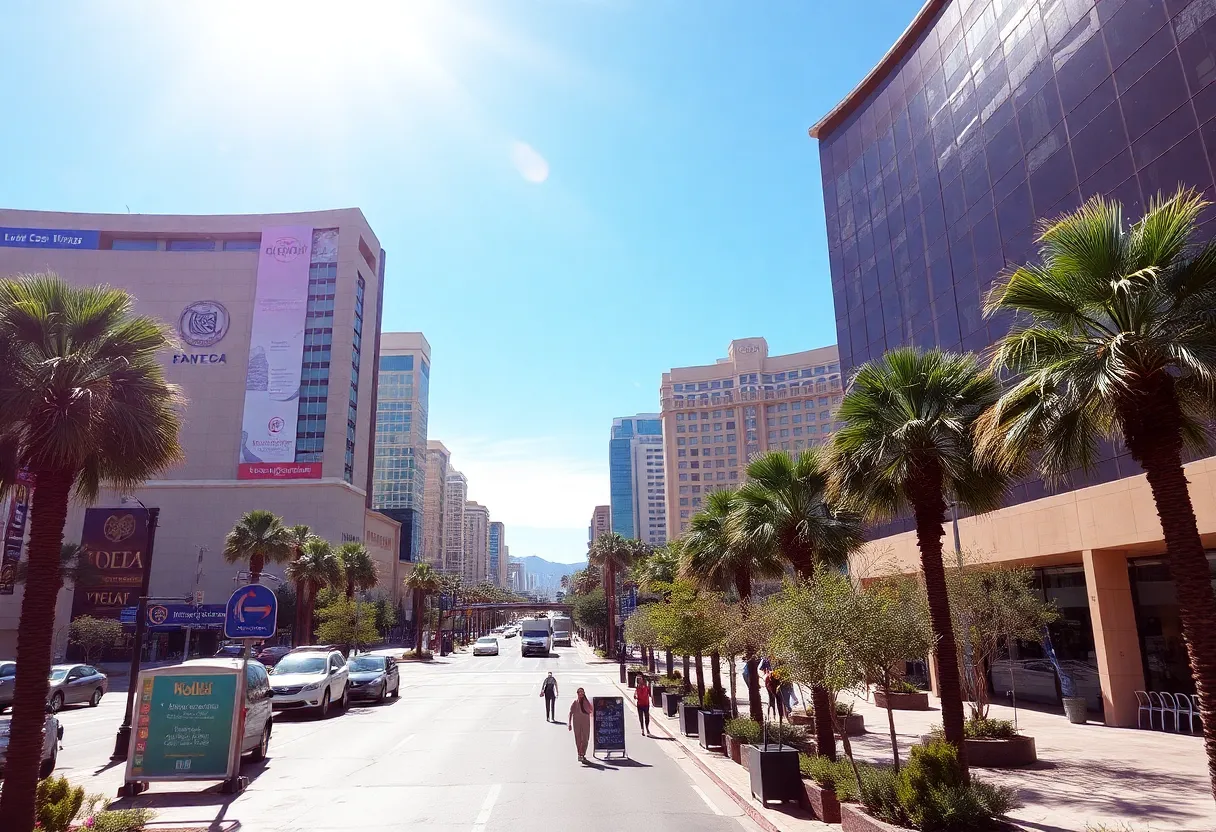 Cityscape of Las Vegas depicting urban heat challenges and greenery.