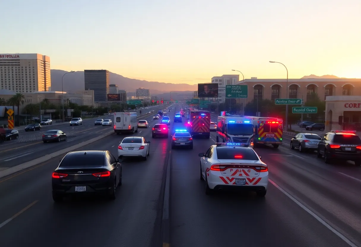 Scene of a vehicle crash in Las Vegas with police and emergency vehicles