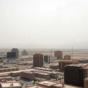 Las Vegas skyline with smoke and hazy skies due to wildfires