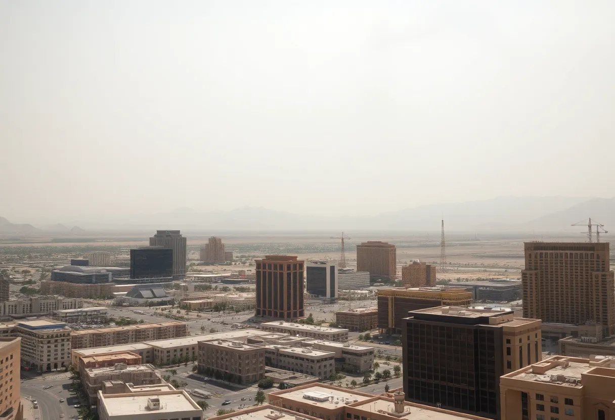 Las Vegas skyline with smoke and hazy skies due to wildfires
