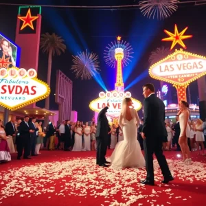 A vibrant Las Vegas wedding scene with showgirls and festive decorations.