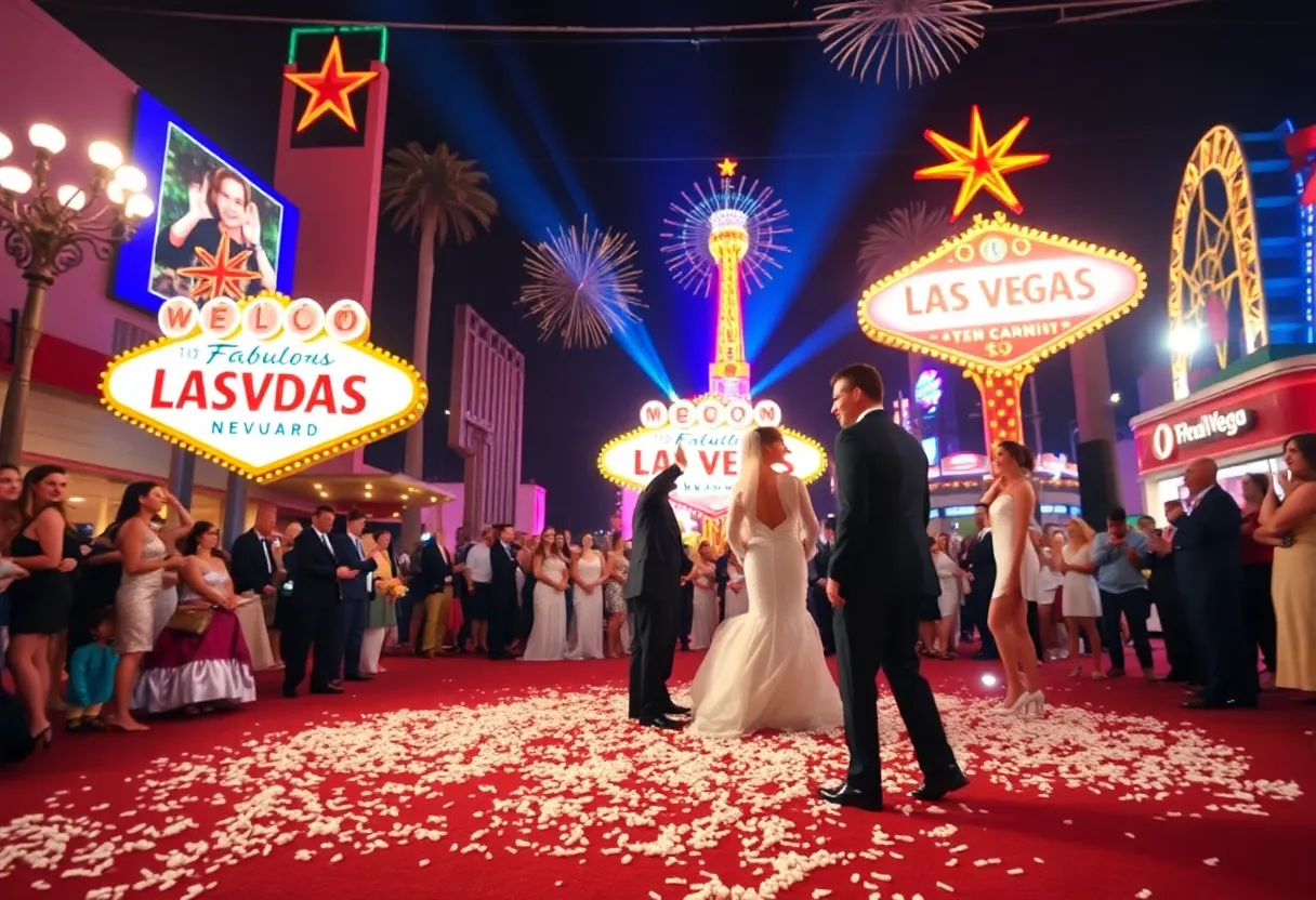 A vibrant Las Vegas wedding scene with showgirls and festive decorations.