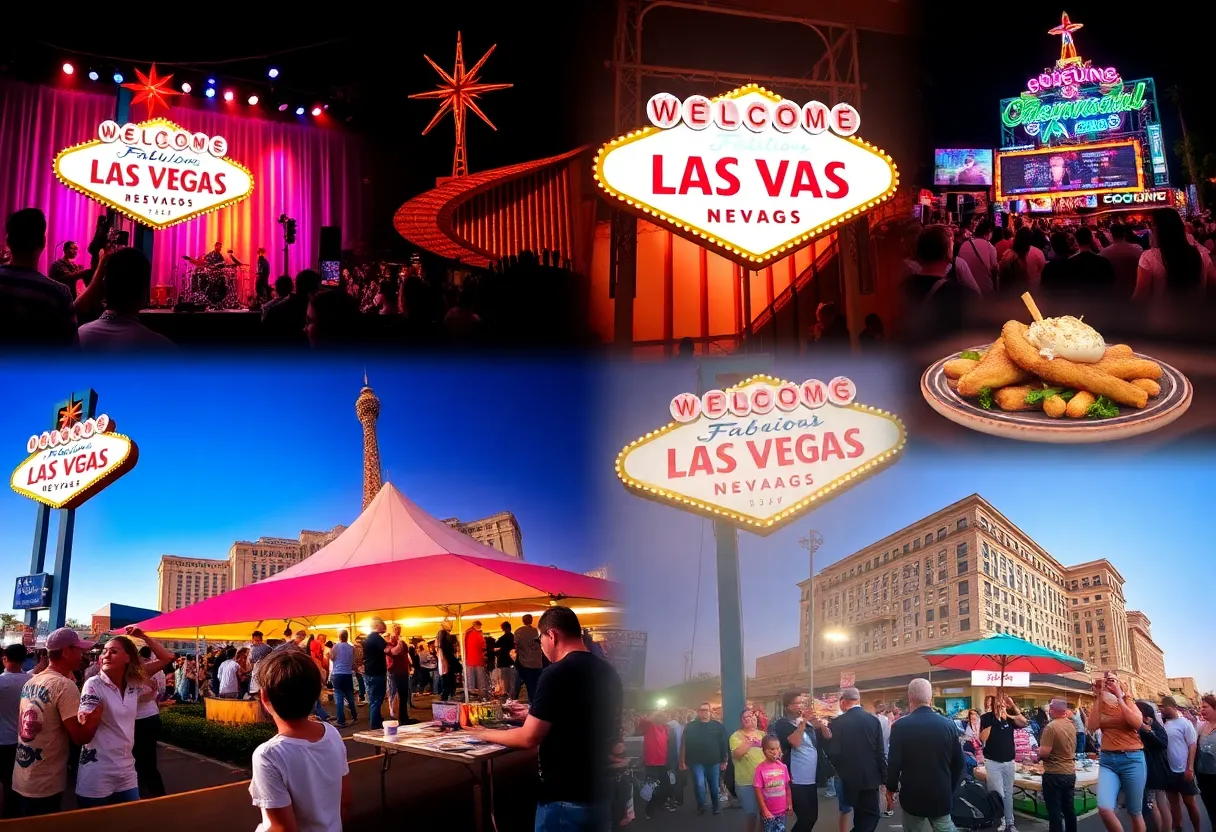 A collage of Las Vegas events showcasing music, food, and community activities.