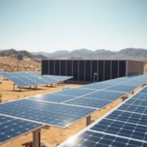 Aerial view of a data center in Las Vegas with solar panels.