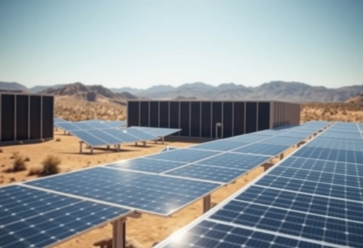 Aerial view of a data center in Las Vegas with solar panels.