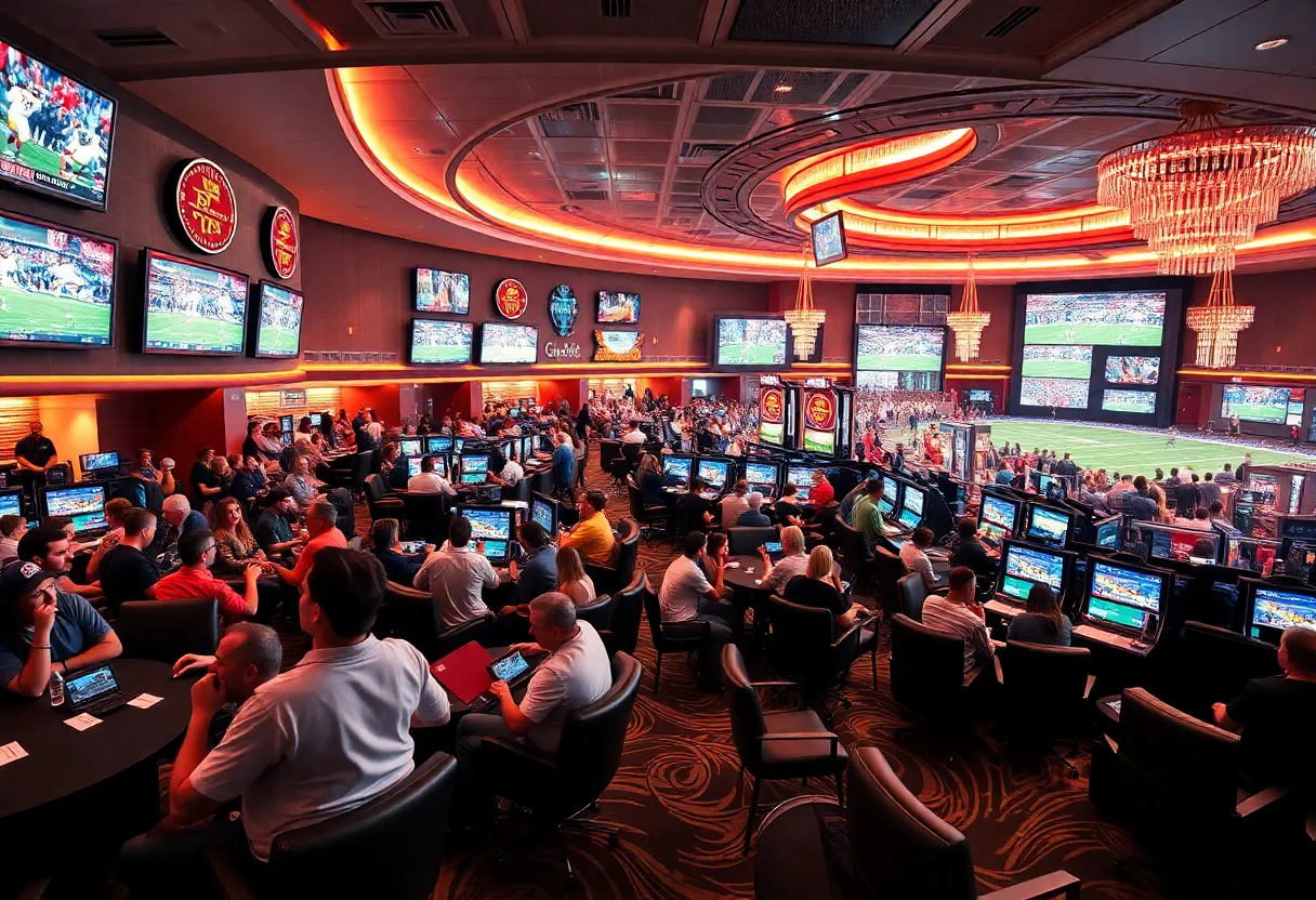 Luxurious sportsbook in Las Vegas with fans and large screens