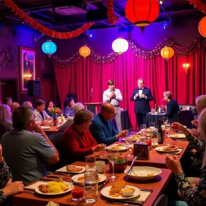 Guests enjoying a dinner theater experience during a murder mystery show at the Rio Hotel.