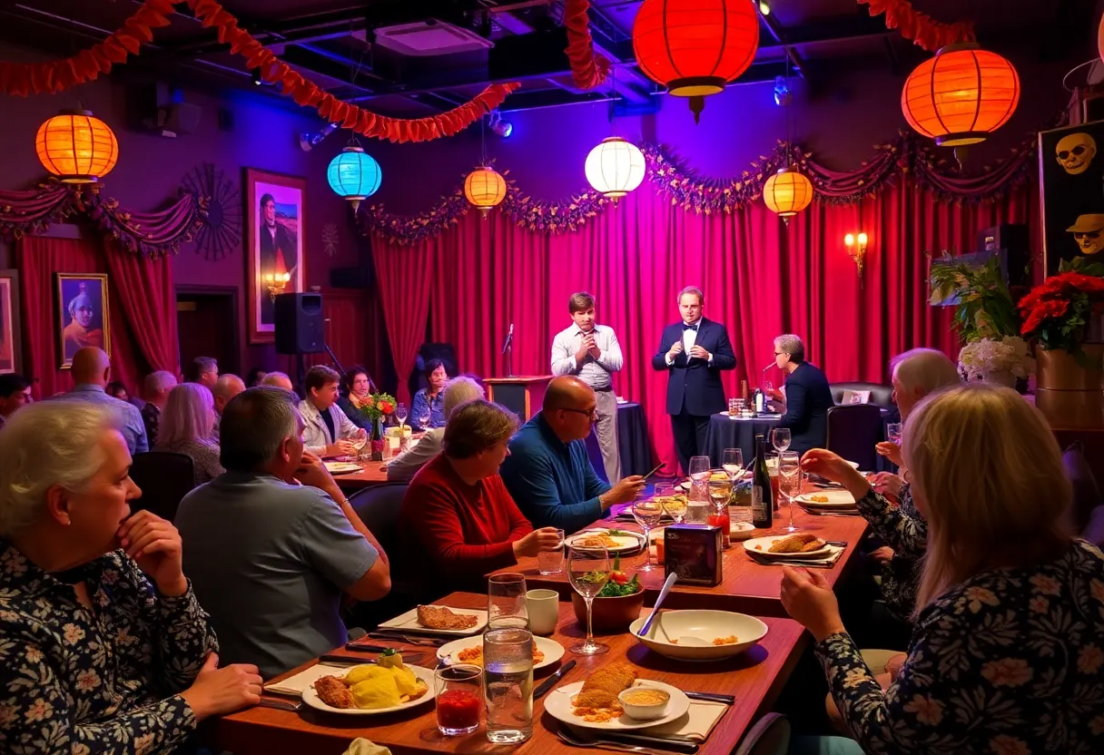 Guests enjoying a dinner theater experience during a murder mystery show at the Rio Hotel.
