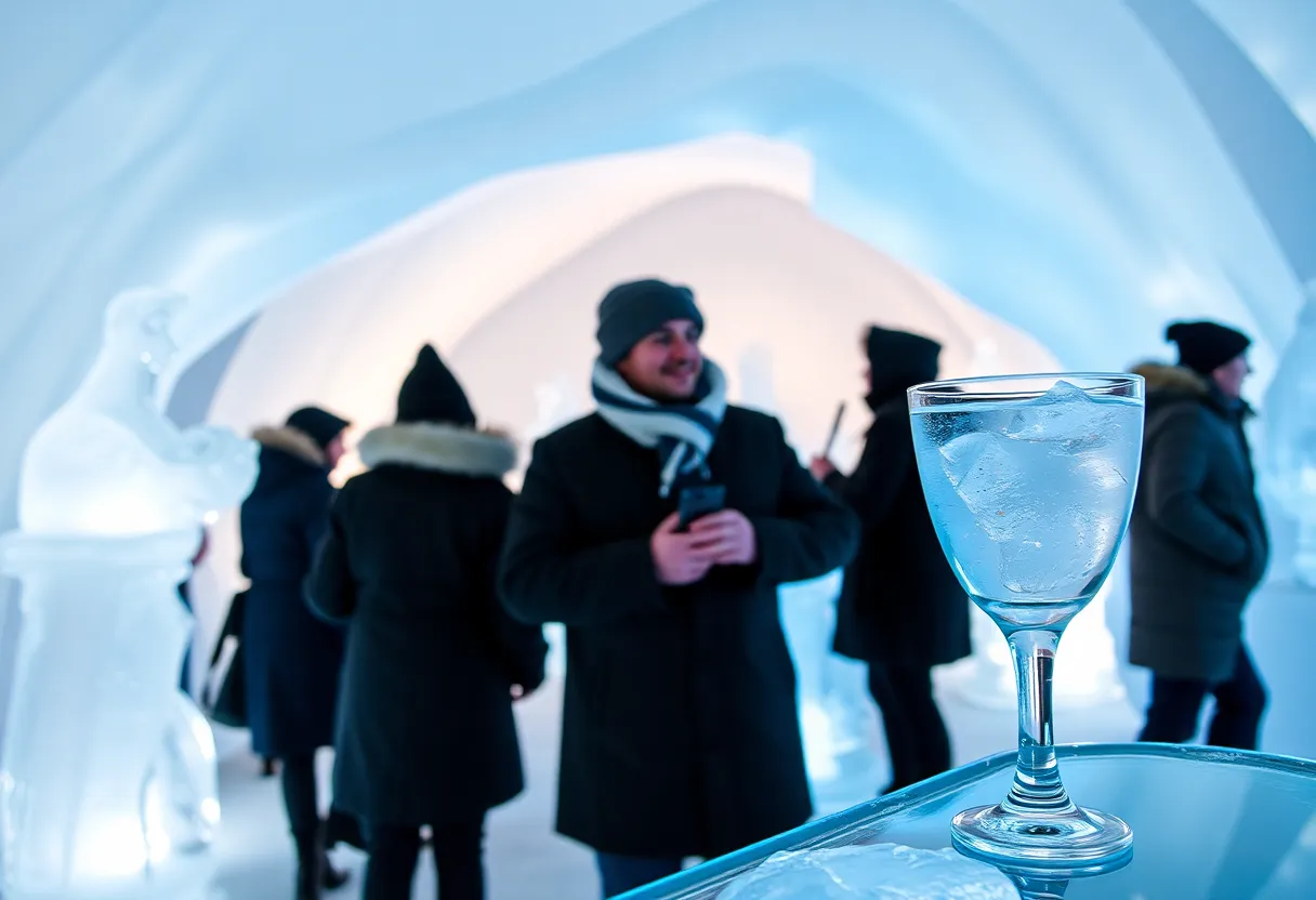 Guests enjoying drinks at Minus5 Icebar with ice sculptures.