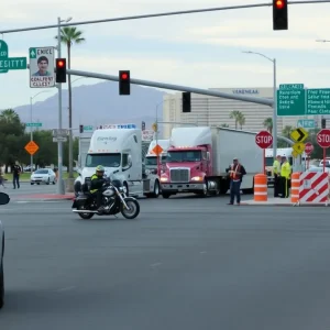Scene of a motorcycle crash in Las Vegas with emergency responders.