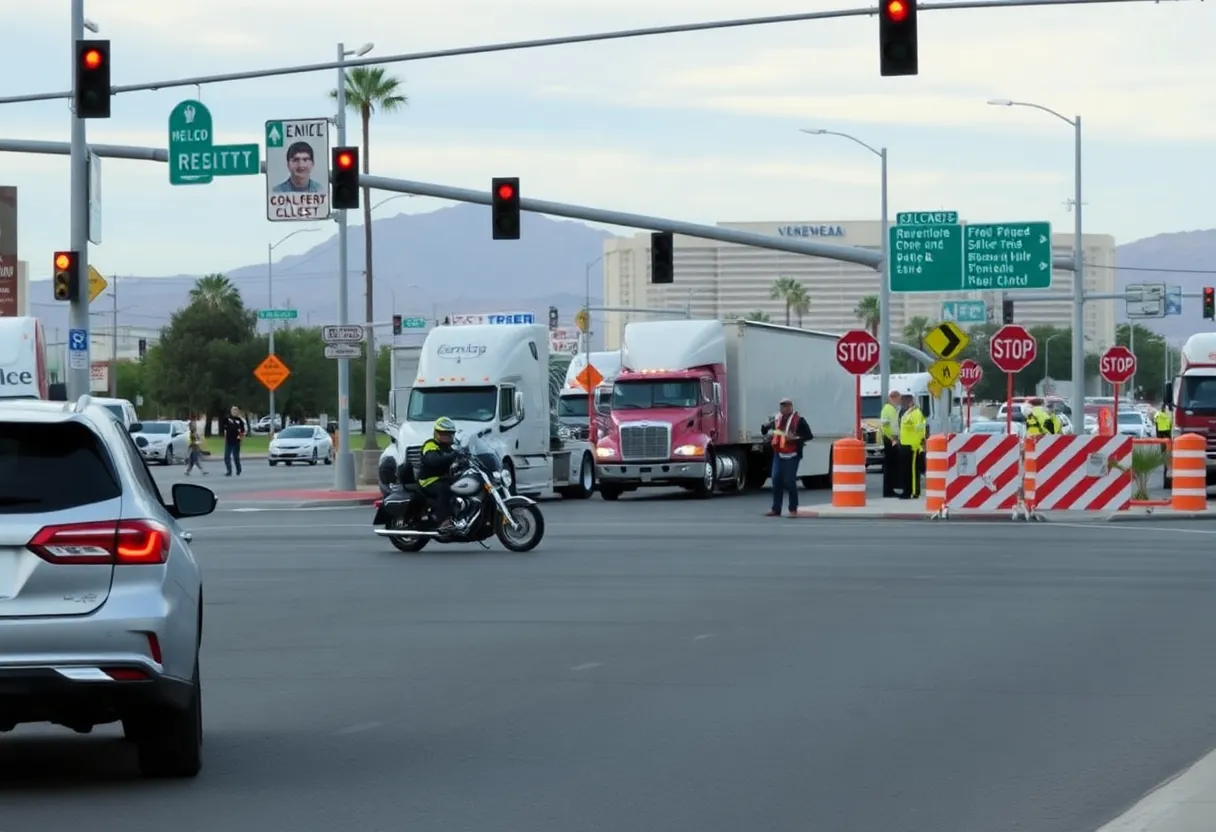 Scene of a motorcycle crash in Las Vegas with emergency responders.