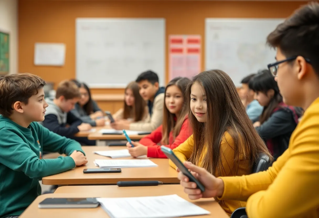 Students engaged in classroom activities without cell phones