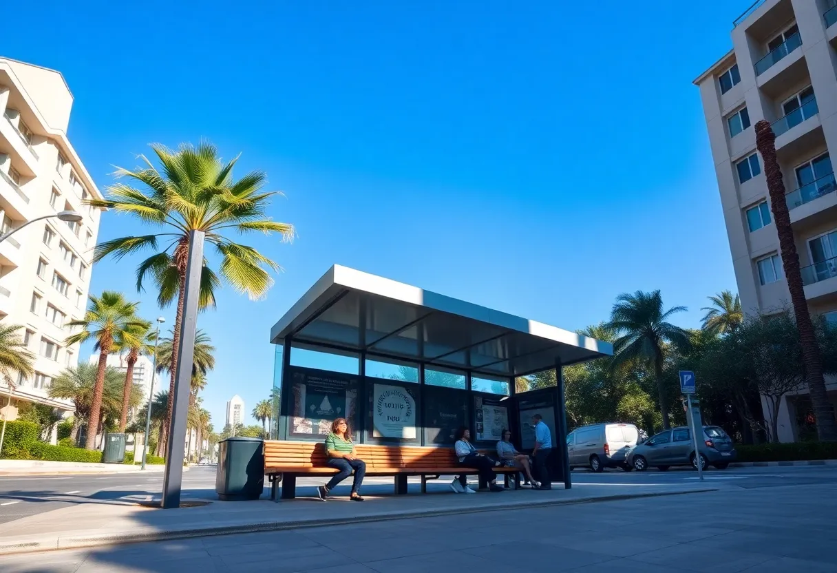 A new bus shelter in Las Vegas providing shade and comfort to riders.